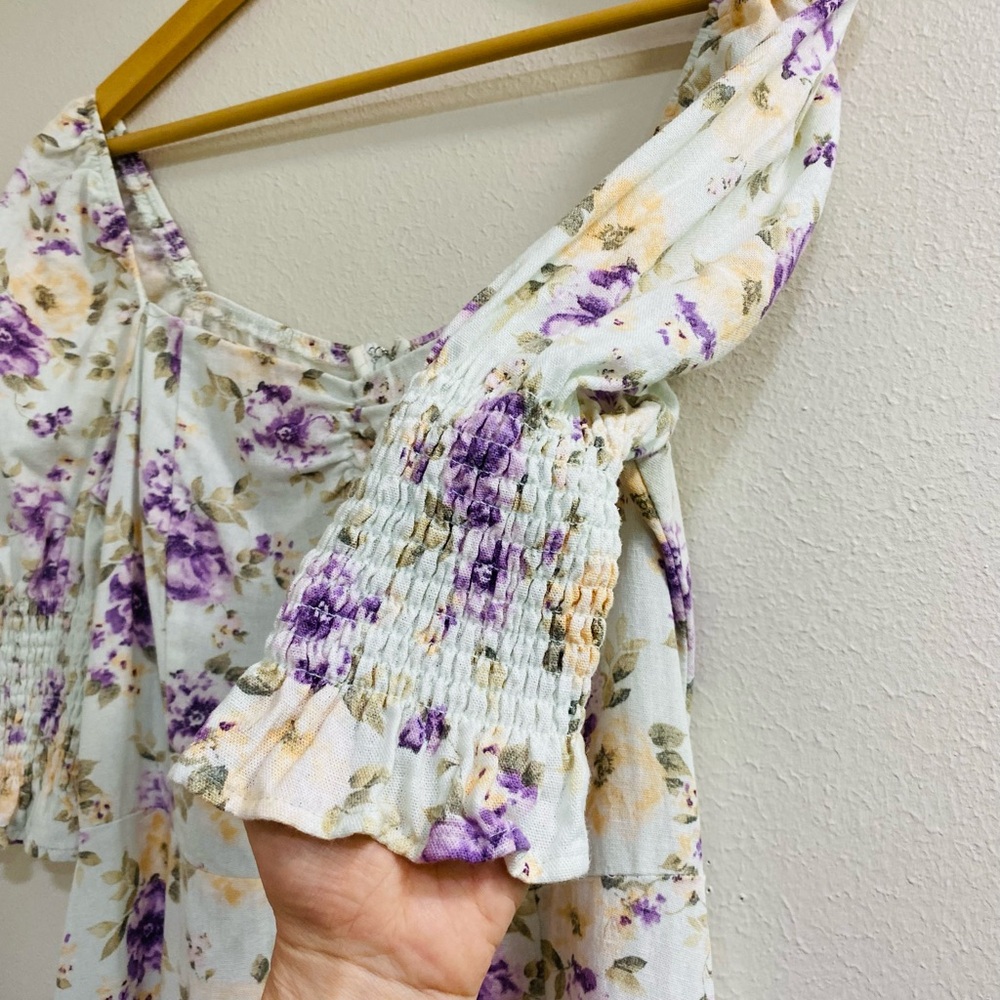 Blue Rain Cream Floral Square-Neck Puff Sleeve Mini Dress Medium - Picture 4 of 7